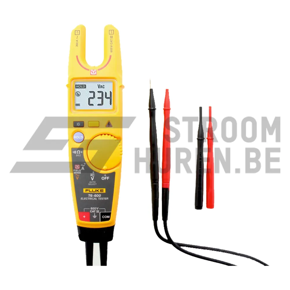 Gele Fluke T6-600 elektrische tester met open meetvork en meetsnoeren