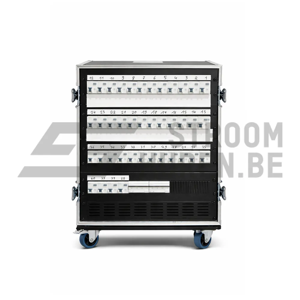 Event Rack PSU 125A in flightcase op wielen met 37 schuko-kringen en digitale meter