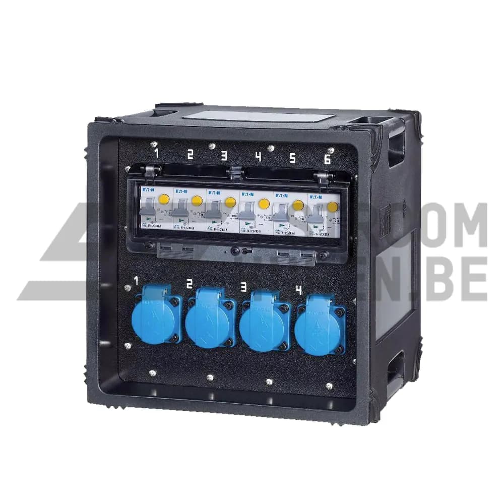 Compacte verdeelkast PSU 32A VELLO met automaten en vier schuko-stopcontacten