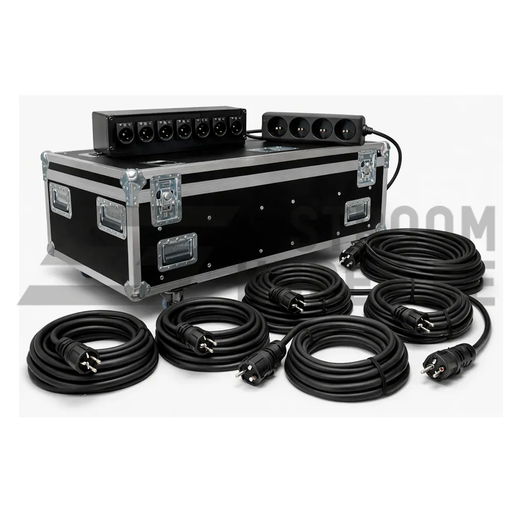 Schuko-kabelset in flightcase met verdeeldozen en opgerolde kabels in verschillende lengtes